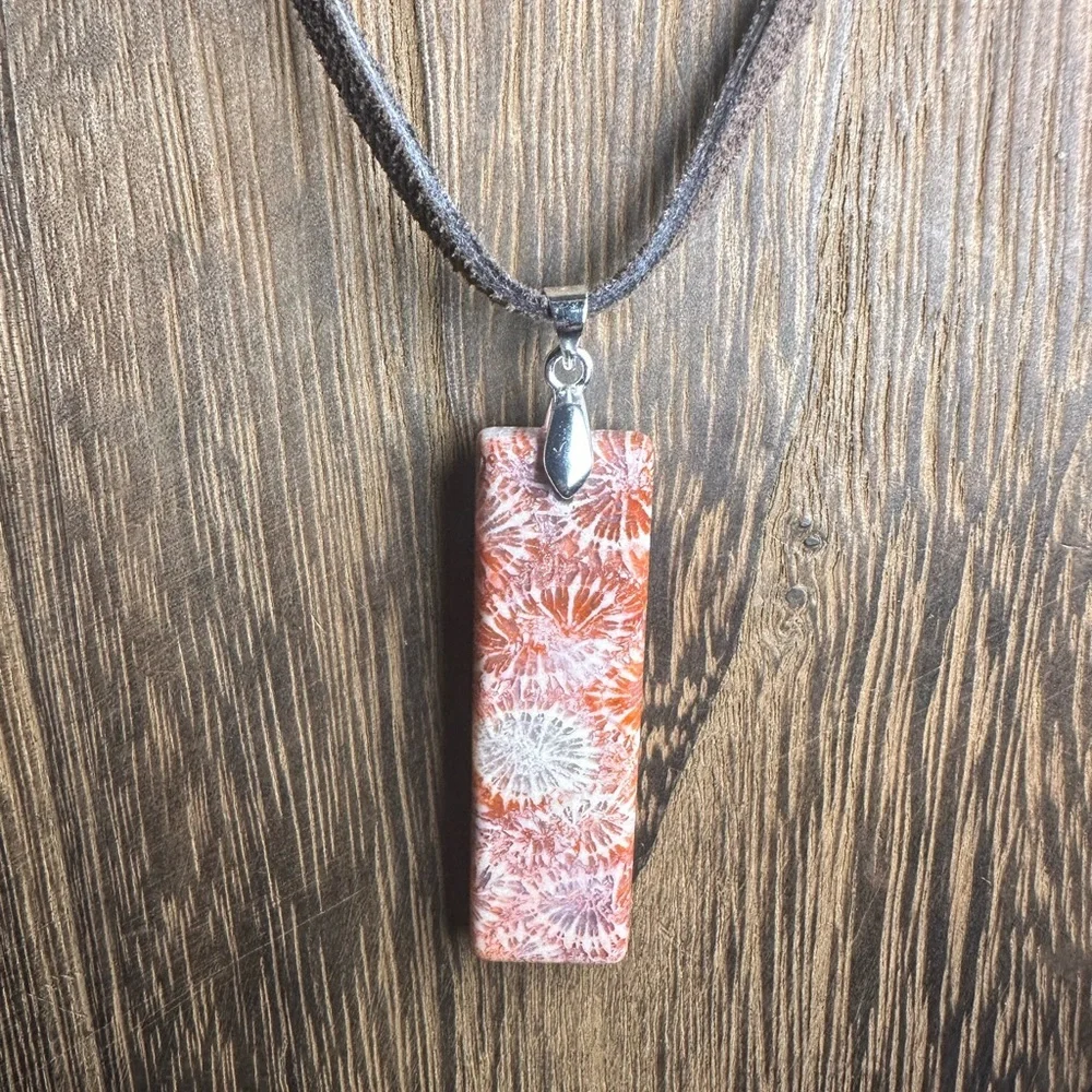 Dark Orange Coral Fossil Thin Rectangle Pendant Necklace on Brown Suede - Picture 5 of 13